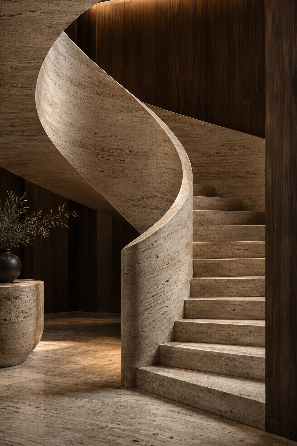 Interior detail exploring sculptural stairs, travertine and walnut