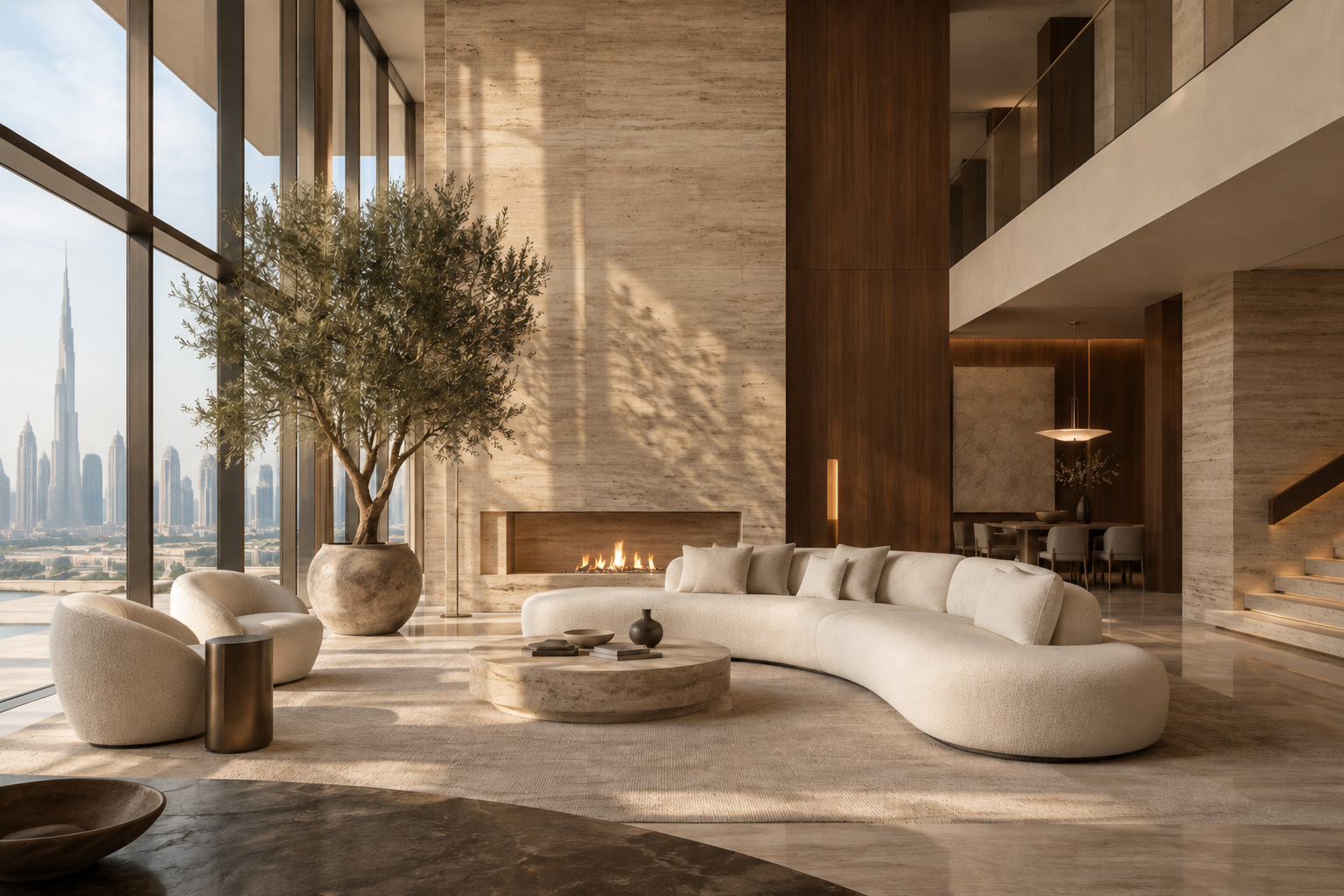 Contemporary residential design with natural stone, sculptural seating and floor-to-ceiling windows
