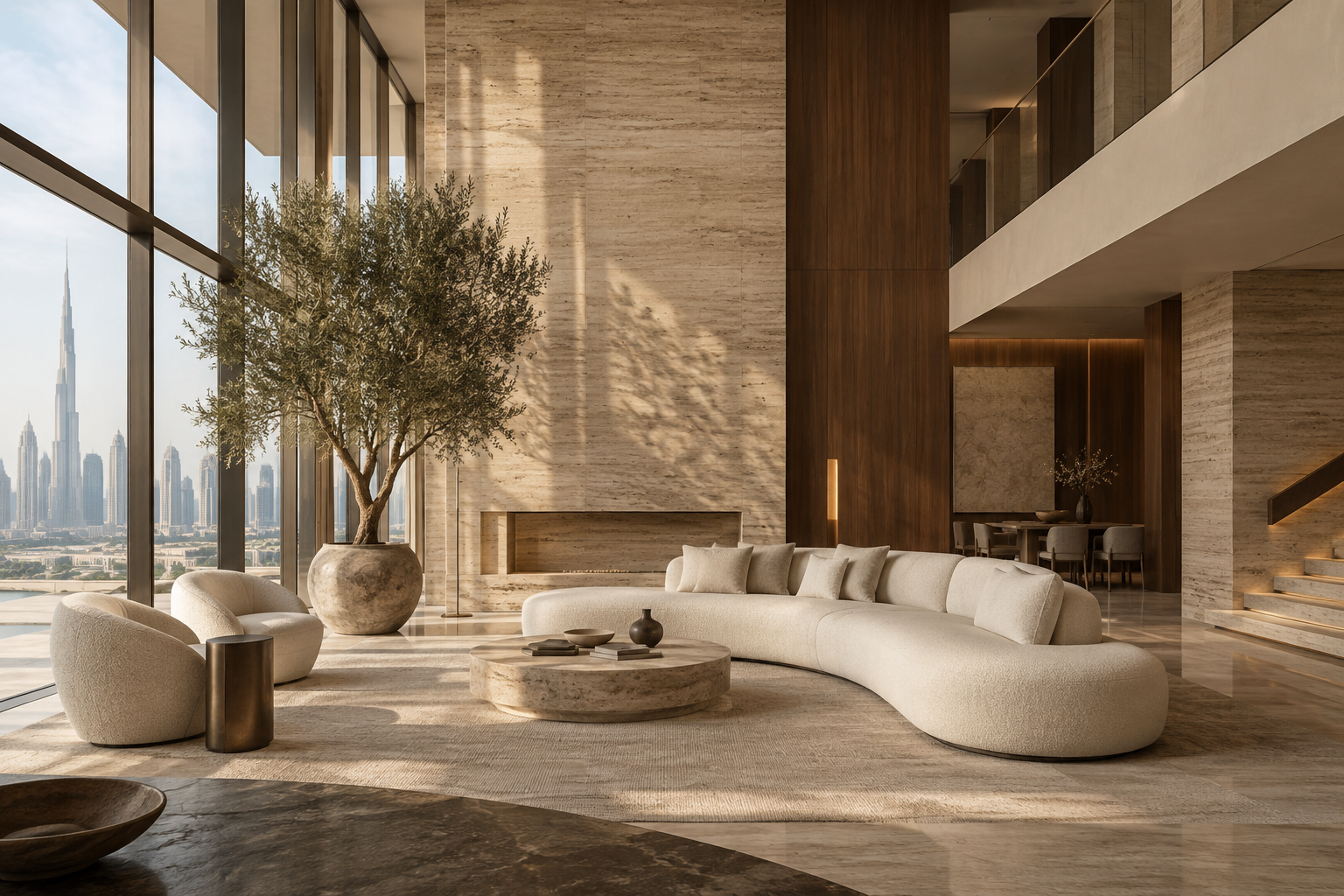 Luxury residential interior with sculptural furnishings and natural textures