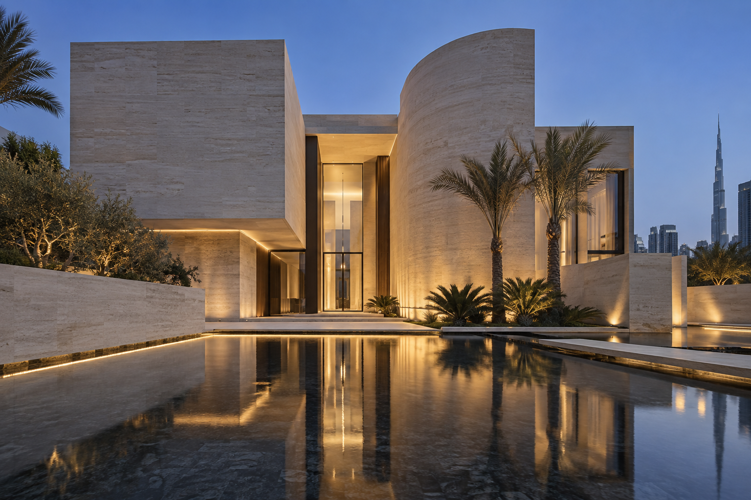 Architectural visualisation of a contemporary villa with warm lighting and a reflection pool